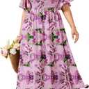 SHESTARR Women's Plus Size Dress Short Sleeve Square Neck Smocked Side Split Flowy A Line Long Maxi Dress (Pink, XL)