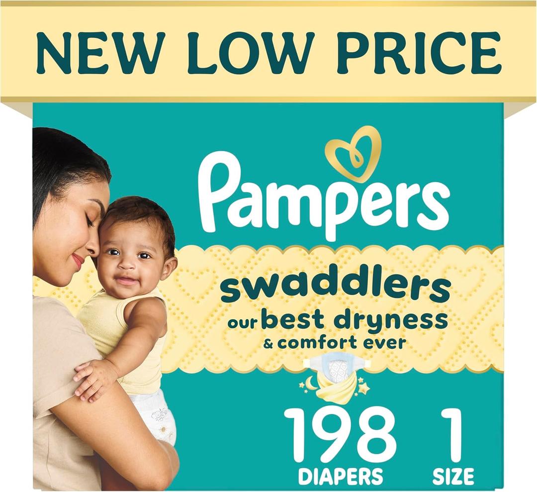 Pampers Swaddlers Diapers, Size 1 (8-14 lbs), 198 Count, Hypoallergenic, Absorbent, Keeps Baby Dry and Comfortable, Skin Safe Disposable Newborn Baby Diaper