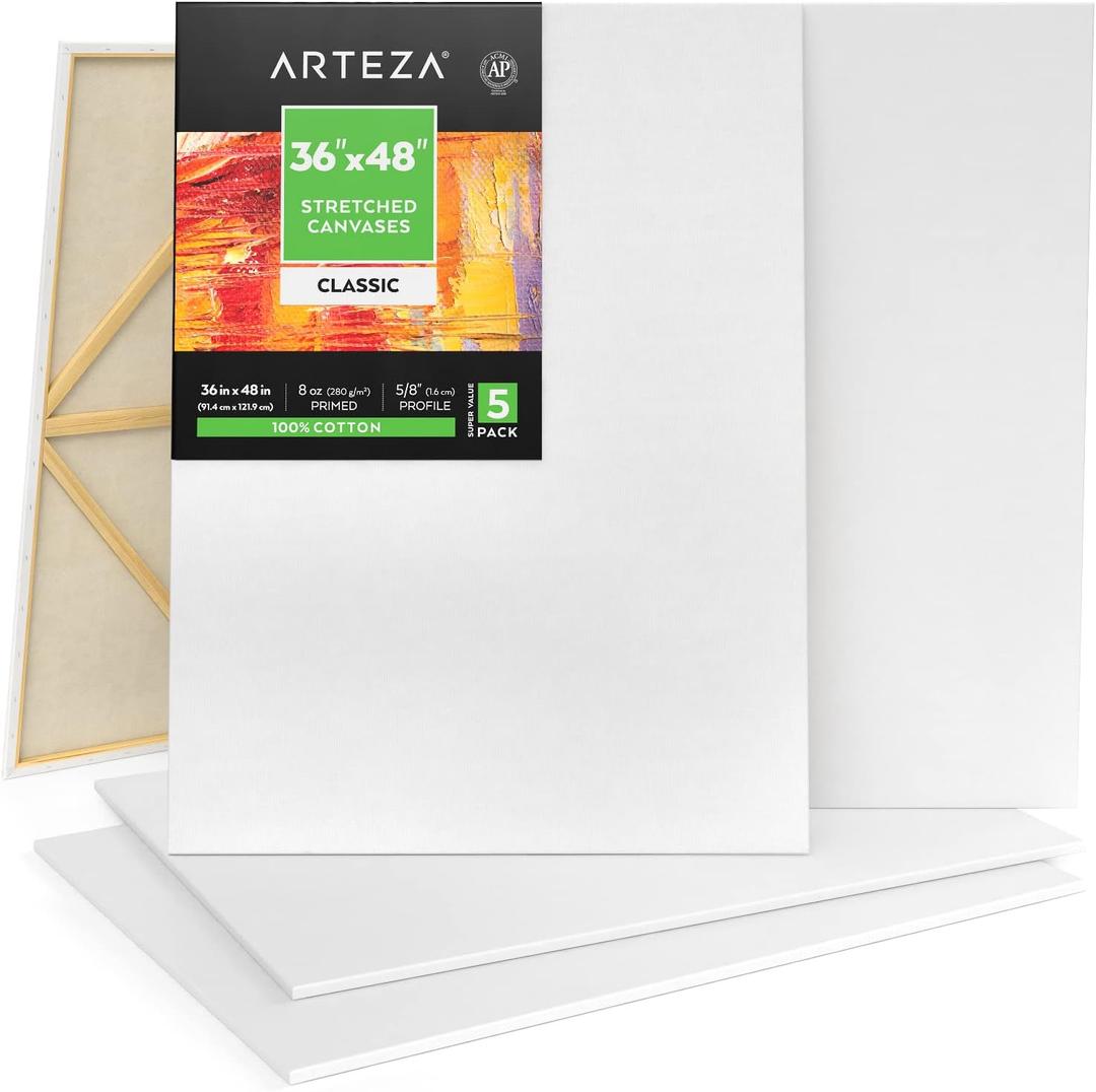 ARTEZA Stretched Canvas, 36 x 48 Inches, Pack of 5, Blank White Large Canvas for Painting for Acrylic, Oil and Gouache Paints