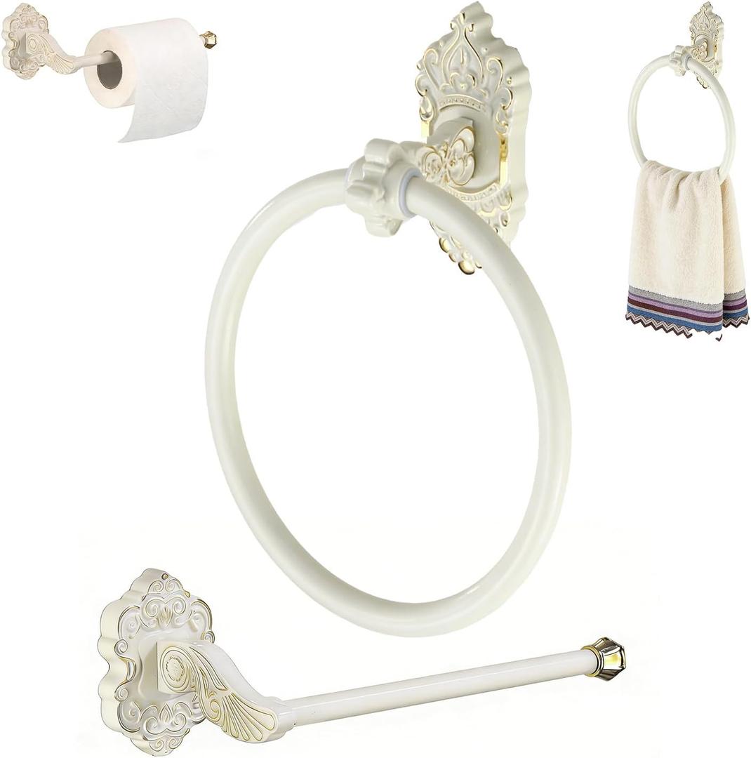 2 Pcs Antique White Toilet Paper Holder Towel Ring, Towel Rings for Bathroom Wall Wall Mount Sturdy Punch-Install Retro Vintage Bathroom Hardware