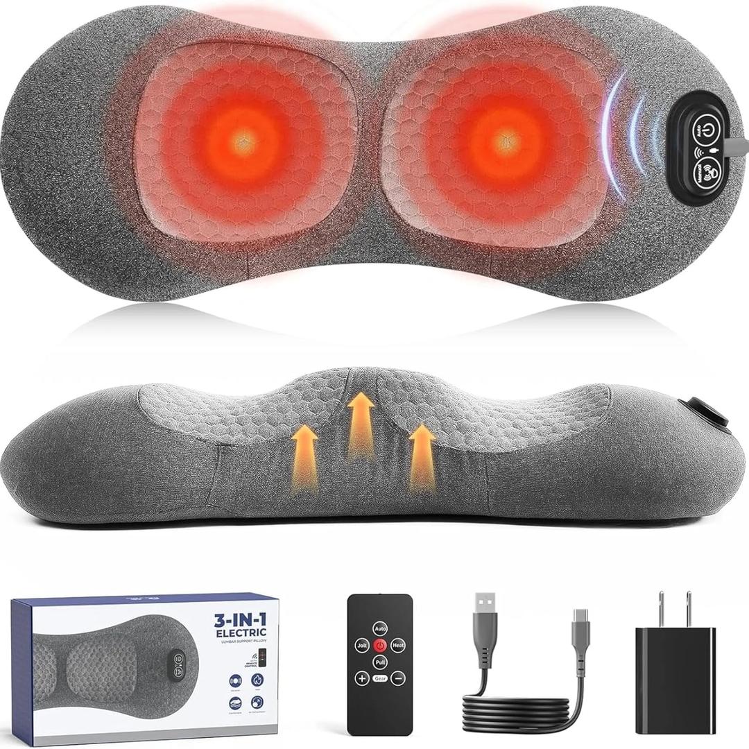 2026 Upgraded 3-in-1 Lumbar Support Pillow with Remote Control, Triple Fusion Back Massager with Heat, Vibration & Stretching, Portable Electric Lumbar Pillow for Home, Office, Travel & Car