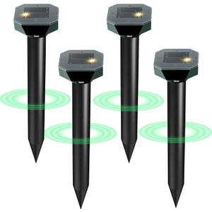 Snake & Mole & Rabbit Repellent Solar Powered, Ultrasonic Deterrent, IP65 Waterproof, to Get Rid of Vole, Gopher, Groundhog, Rodent, Chipmunk, Raccoon and Skunk for Lawn & Garden, 4 Pack