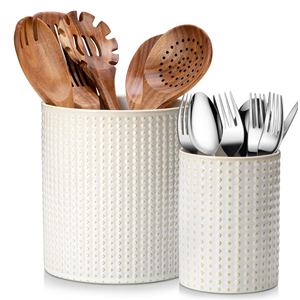 MALACASA LYDIA Ceramic Utensil Holders, 7.3"+5.5" Kitchen Utensil Crock Set for Countertop, Large & Small Utensil Organizers for Cooking Tools, Rhombus Pattern