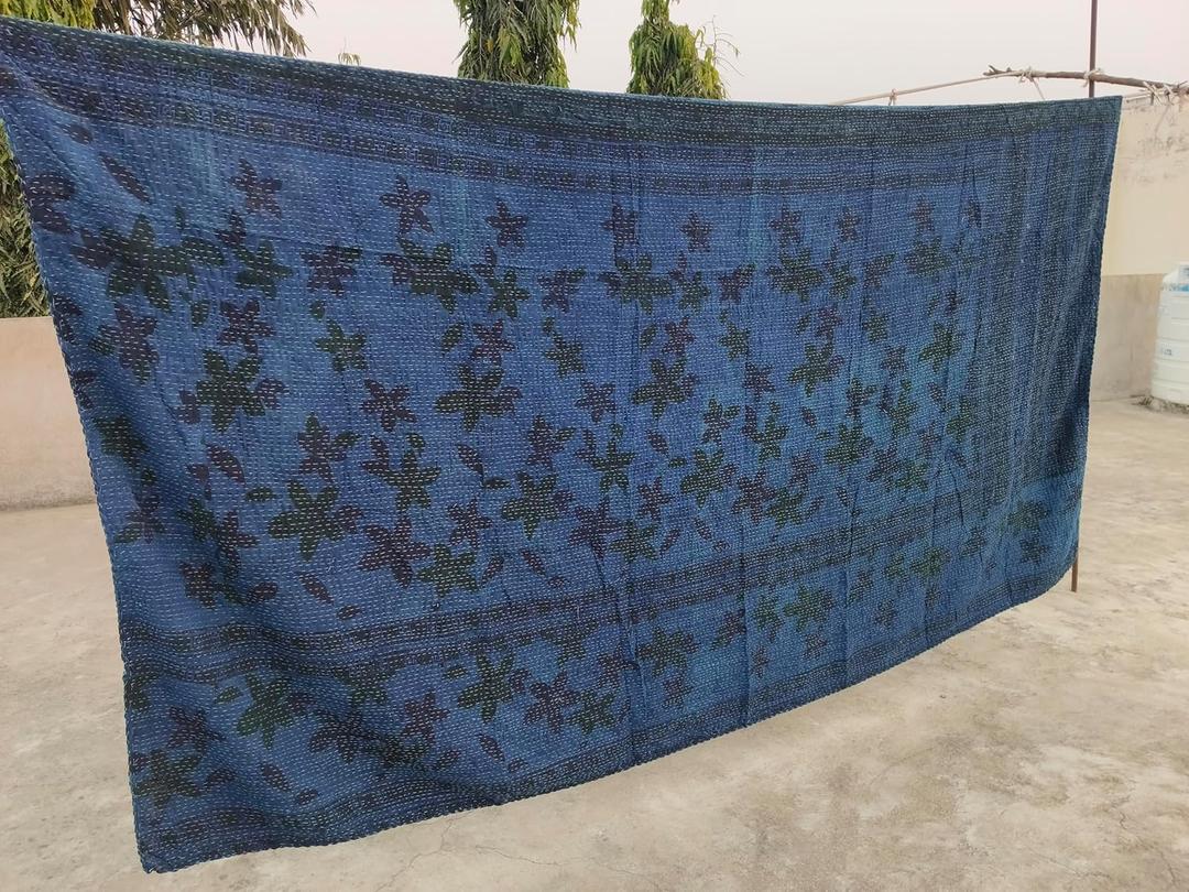 Indigo Blue Dye Cotton Kantha Throw Quilt Handmade Throw Blanket Bedspread Cotton Boho Hippie Quilt Bedspread Vintage Kantha Throw Handmade (Queen: -90" x 108" Inch (228 x 274 cm) Approx.)