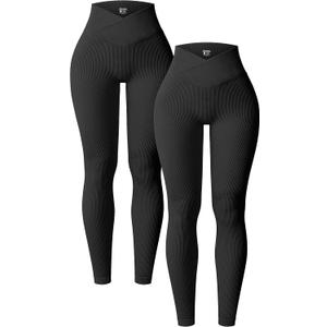 OQQ Women's 2 Piece Yoga Leggings Ribbed Seamless Workout High Waist Cross Over Athletic Exercise Leggings (Medium, black)