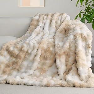 Soft Plush Thick Bubble Blanket, Faux Rabbit Fur Throw Blanket for Couch Bedroom Living Room, Fluffy Throw Blanket (50 * 60 inches, Tie-dye Camel)