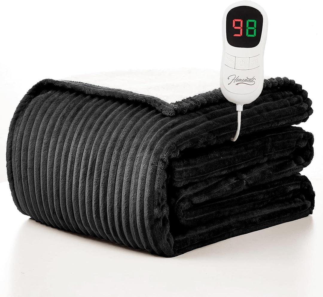 Homemate Heated Blanket Electric Throw - 50"x60" Heating Blanket Throw 1/2/4/6/8 Hours Auto-Off 10 Heat Levels Over-Heat Protection Soft Flannel Sherpa ETL Certification (05 - Black(Striped))