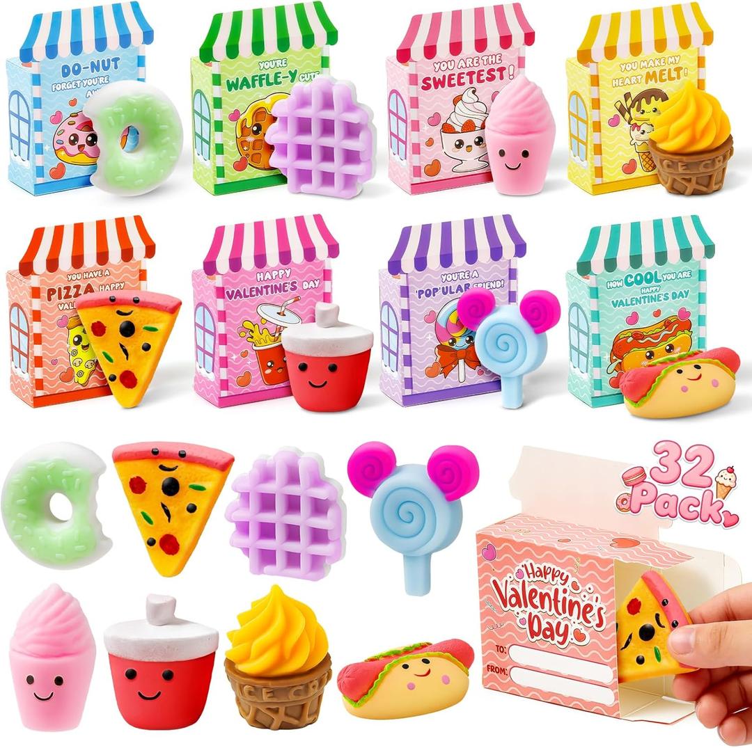 V-Opitos Valentines Day Cards for Kids School, 32 Packs Cute Dessert Squeeze Toys, Valentine Day Party Favors for Boys & Girls, Ideal Exchange Cards for Classroom