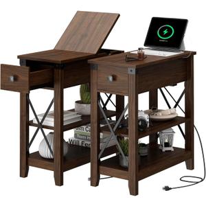 Narrow End Table with Charging Station - Farmhouse Slim Side Table Set of 2, w/USB Ports Power Outlets, Nightstand w/Flip Top Storage Drawer, for Small Spaces Living Room Bedroom, Walnut