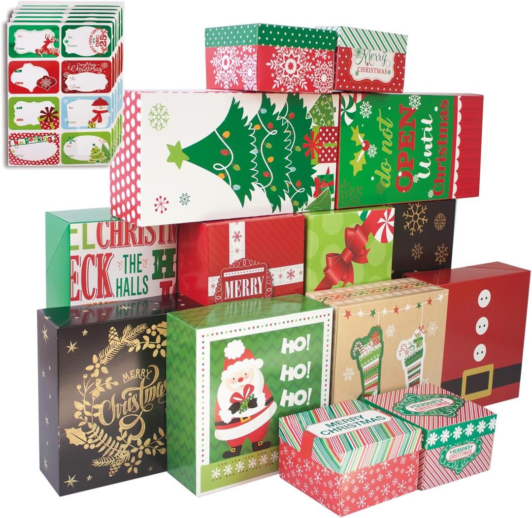 14 Decorative Christmas Gift Boxes with Lids and 80-Count Foil Christmas Gift Tag Stickers (Assorted size, 6 Rectangle, 4 Square, 4 Small Square)