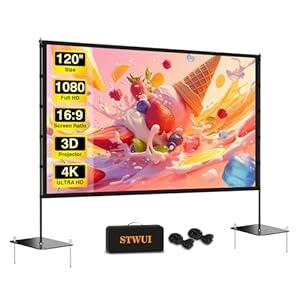 STWUI Outdoor-Projector-Screen-with-Stand - 120 inch Portable Projector Screen Indoor Outdoor Projector Screens 16:9 4K HD Lightweight Movie Screen with Carry Bag for Backyard Movie Night