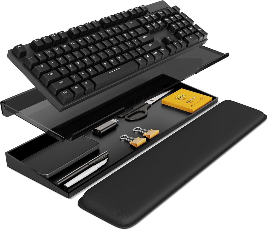 Computer Keyboard Stand with Storage Box, Keyboard Riser Wrist Rest for Desktop, Office Desk Organizer Accessories(Clear Black)