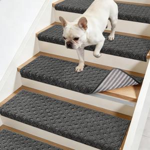 JSEI Bullnose Carpet Stair Treads, 14 Pcs Non Slip Stair Treads for Wooden Steps Indoor with TPE Backing, 11" x 30" Machine Washable Stair Runners with Edge Protection for Kids and Elders, Dark Grey