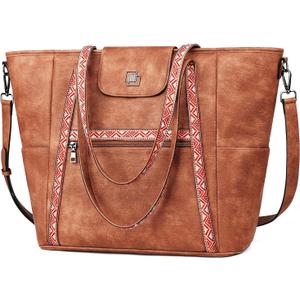 FADEON Large Laptop Tote Bag for Women Designer Leather Laptop Bag Fashion Travel Backpack Purse Shoulder Handbag (Vintage Amber Brown)