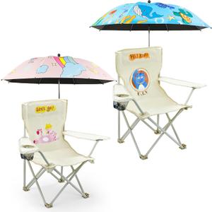 2 Pack Kids Camping Chair - Kids Beach Chair with Umbrella - Foldable Storage Cup Holder Durable, wear-Resistant, Non-Slip, Lightweight Design for Beach, Patio, Outdoors, Lawn (Pink+Blue)