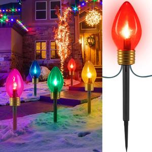 Brightown Jumbo C9 Christmas Lights Outdoor Decorations Lawn with Pathway Marker Stakes, 8 Feet LED Lights Covered Jumbo Multicolored Light Bulb for Holiday Outside Yard Garden Decor, 5 Lights (1 Pack)