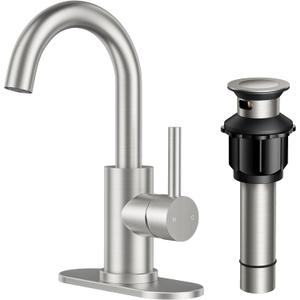 FORIOUS Single Handle Bathroom Sink Faucet 1 or 3 Hole Brushed Nickle, 360 Swivel Gooseneck Spout, Lead-Free, with cUPC Hose and Metal Pop Up Drain, Suitable for Bar Kitchen RV Vanity (Stainless Steel)
