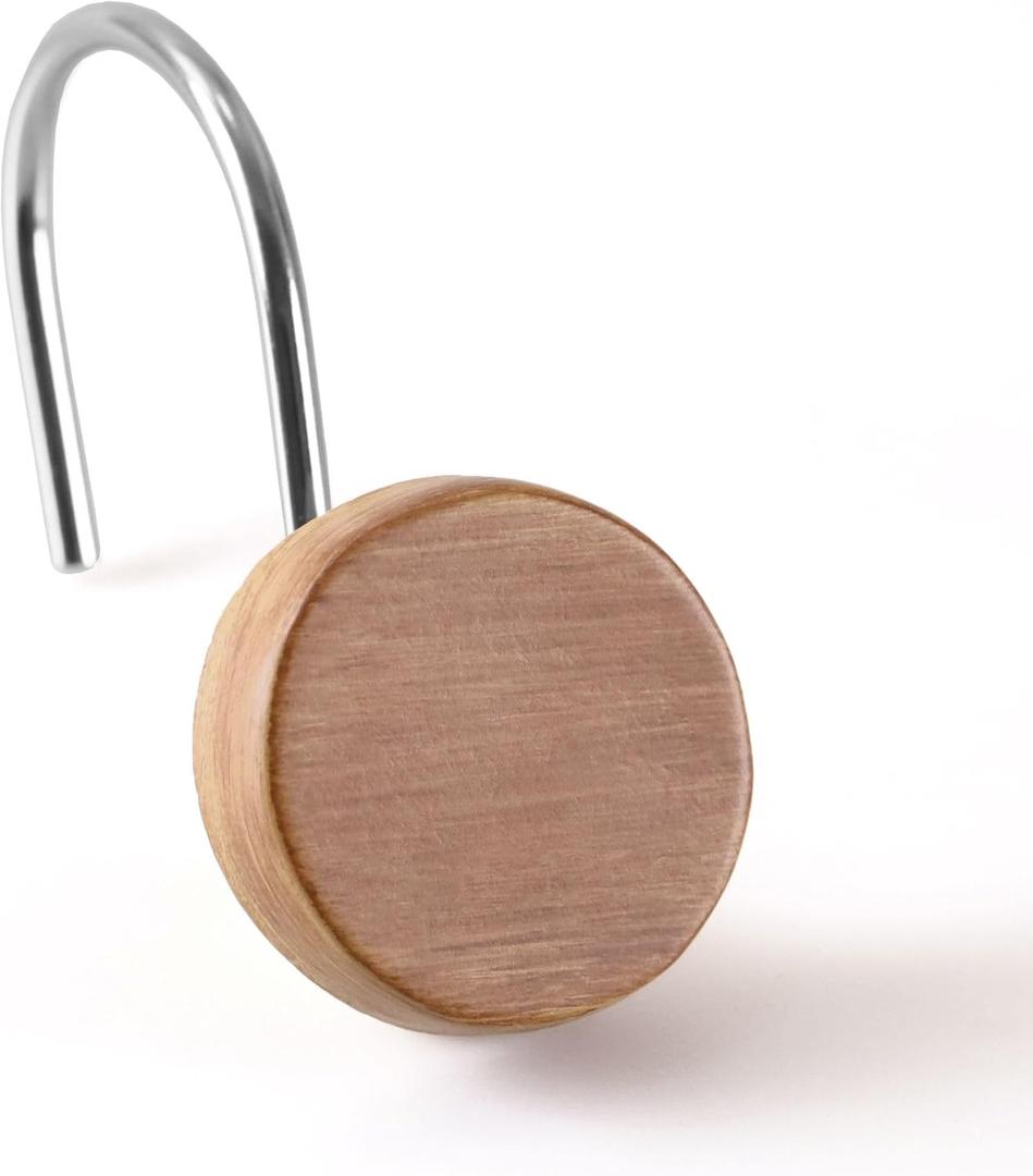 Brown Farmhouse Shower Curtain Hooks - Rustic Resin Wood Grain Button Decorative Hooks Rustproof Stainless Steel Rings - Country Boho Bathroom Accents for Neutral Earthy & Nature-Inspired Décor