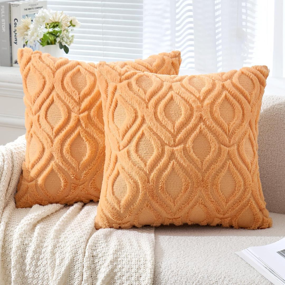 MIULEE Orange Throw Pillow Covers 16x16 Inch, Soft Winter Plush Faux Wool Couch Pillow Covers Set of 2 Decorative Farmhouse Boho Throw Pillows for Sofa Living Room Bed (16" x 16" (Pack of 2), Orange)