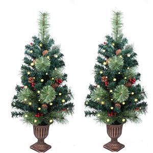 2 Pack Christmas Tree,3FT Artificial Christmas Entrance Tree with Ornaments and Lights Battery Operated,Mini Xmas Trees for Front Door, Pathway, Tabletop, Entryway, Entrance Christmas Decorations