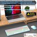 FD Wireless Keyboards and Mouse Combo - 2.4GHz USB Cordless, Cute Wireless Keyboard Round Keys, Quiet and Slim Set for Laptop, Computer, TV and Mac - Blue Pale Green Colorful