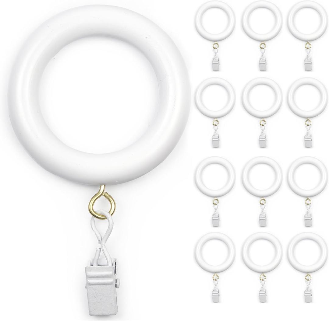 24 Pack of White 2 Inch, Wooden Curtain Rod Rings with Clips, Decorative Drapery Hooks for Hanging Drapes, Vintage, Cafe and Shower Curtains, Tension Rod Hangers & Home Decor, 1.25 Inner Dia.