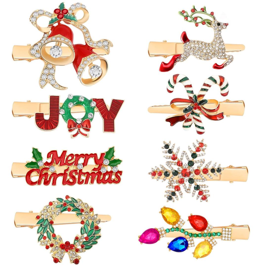AUGSUN 8Pcs Christmas Rhinestone Hair Clips Barrettes Xmas Crystal Snowflake Wreath Reindeer Bell Hairpins Festival Costume Accessories for Girls Women Christmas Holiday Party Gifts
