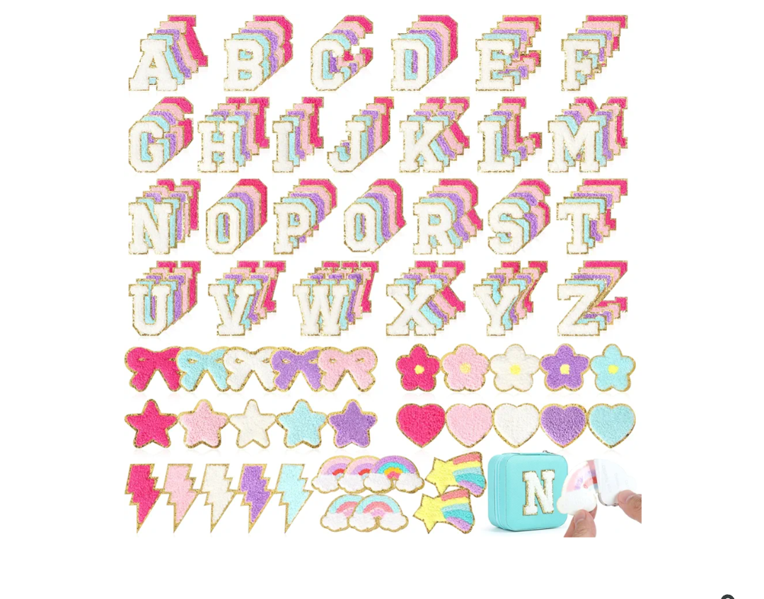 NICEVINYL Adhesive Chenille Letter Patches: 162PCS Self Adhesive Letter Patches for Clothing Backpacks Jackets Hat Bags - Varsity Cute Hearts Star Lightning Chenille Patch for Birthday Gifts Decor
