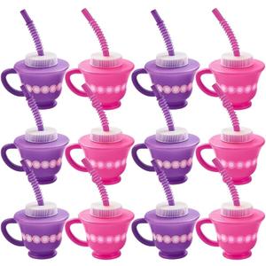 Fun Express Tea Party Cups Set of 12 with Lids and Straws - Pink & Purple Plastic Tea Cups for Kids Party Decorations | 8oz Disposable Party Favor Cups for Princess Birthday Parties & Events