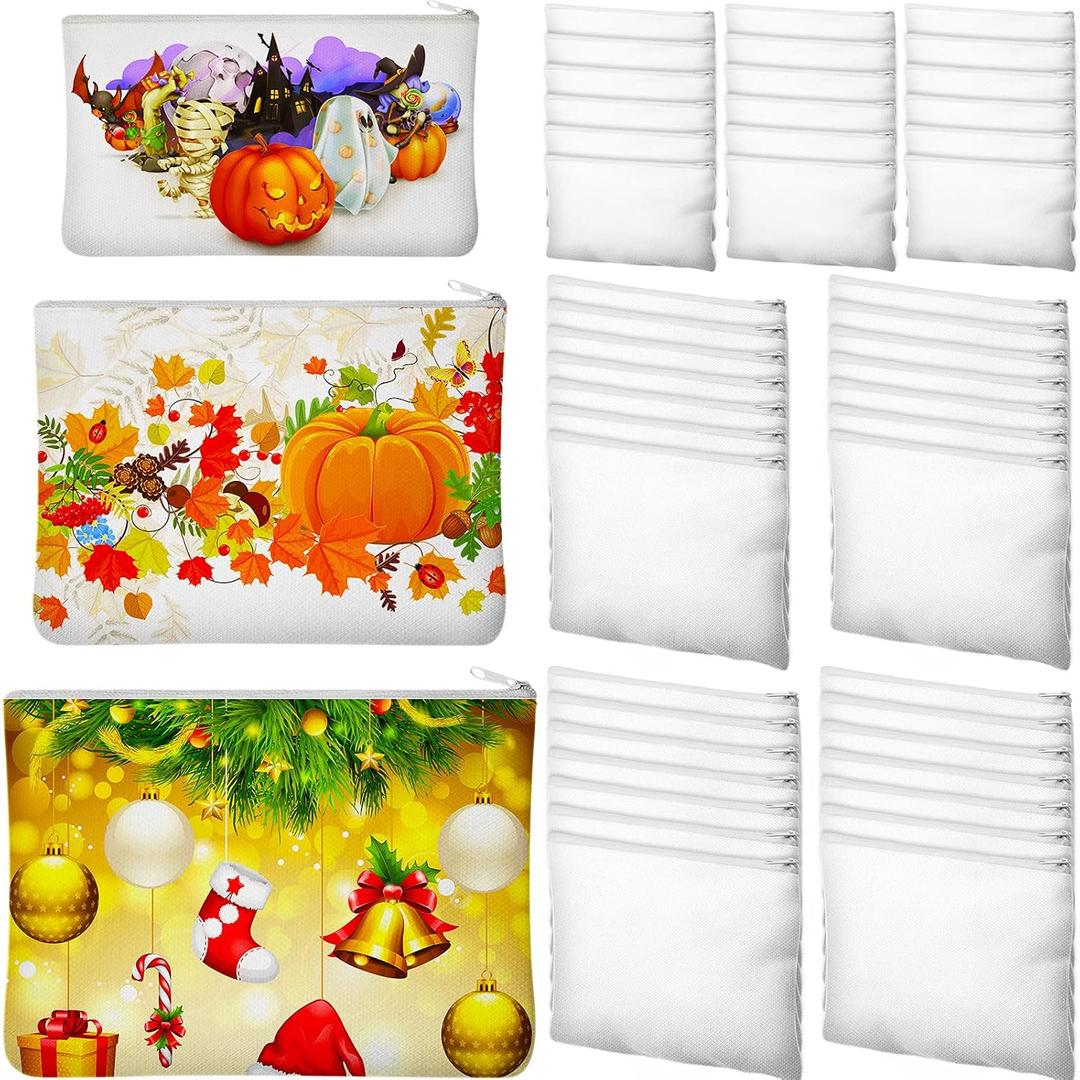 Frienda 50 Pcs Sublimation Blank Canvas Makeup Bags Bulk DIY Heat Transfer Canvas Pen Case Pencil Cosmetic Makeup Bags Clear Sublimation Blank Pouch with Zipper (3 Sizes,White)