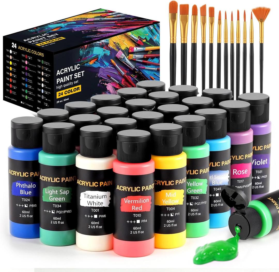 TMOL Acrylic Paint Set, 24 Colors (2 oz/Bottle) with 12 Art Brushes, Art Supplies for Painting Canvas, Wood, Ceramic & Fabric, Rich Pigments Lasting Quality for Beginners, Students & Professional Artist