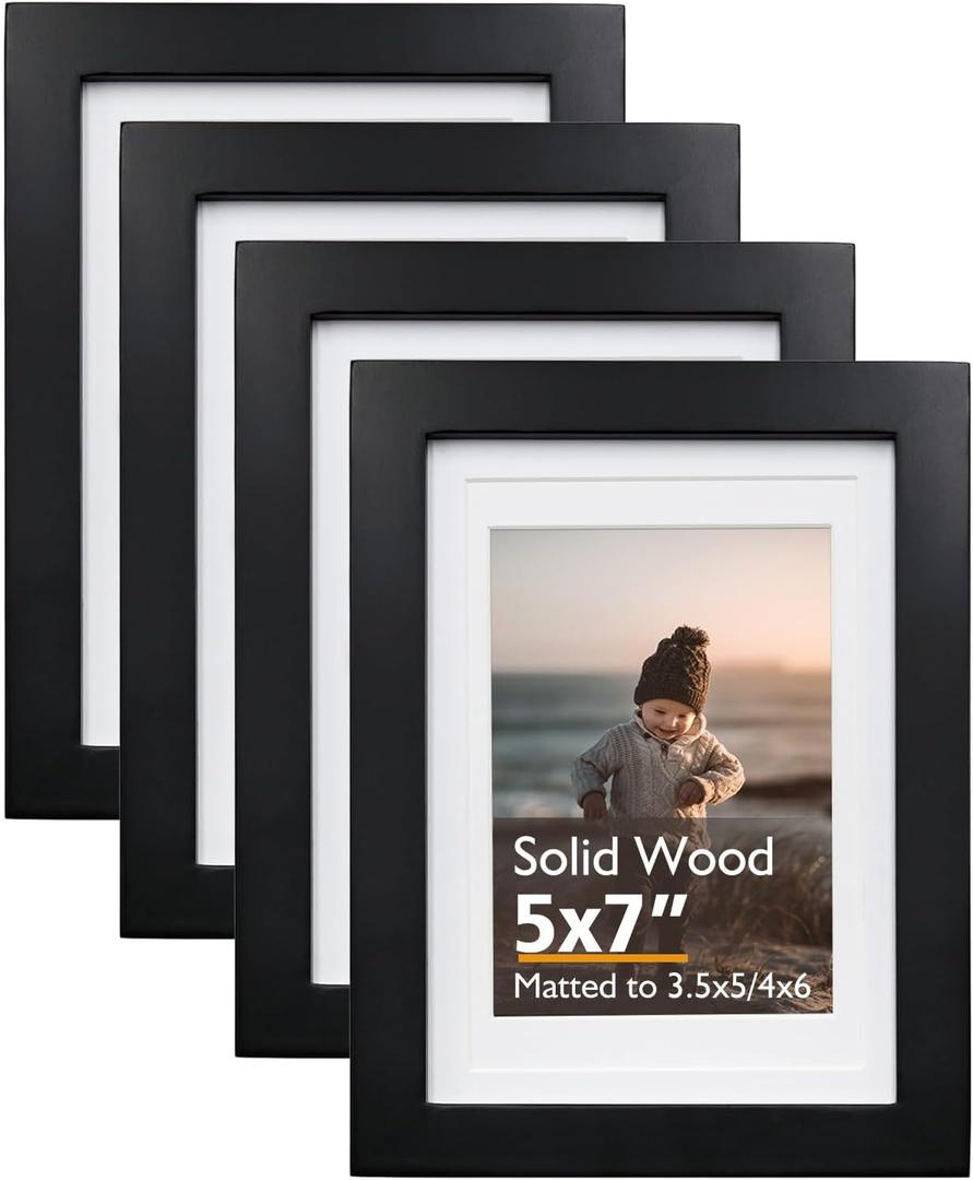 KINLINK 5x7 Picture Frame Black, Solid Wood Frames 5x7 with Acrylic Plexiglass for Pictures 4x6 With Mat,Tabletop and Wall Display, 5 x 7 Picture Frame