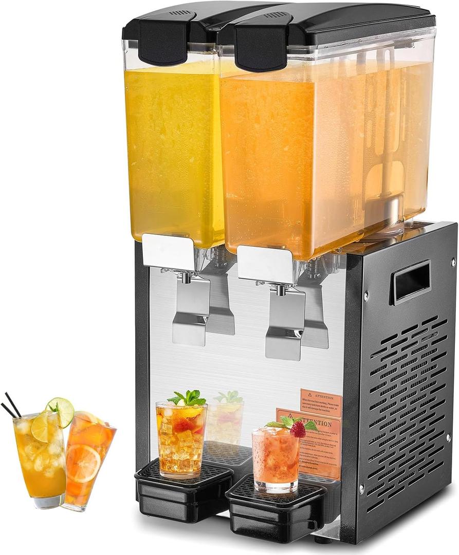 VEVOR Commercial Beverage Dispenser, 2 Tanks 10 L / 10.6 QT Per Tank Juice Dispenser, 270W Stainless Steel Ice Tea Drink Machine with 45F-54F Cooling Temperature, for Cold Drink Restaurant Bar Party