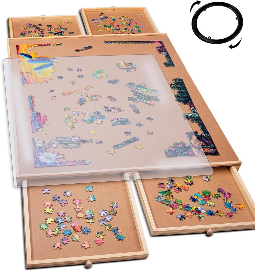PlayVibe Puzzle Locker 1000 Piece Puzzle Board with Drawers and Cover - Solve Station - Sturdy Puzzles Table with 4 Drawers 22 1/4 x 30" - Jigsaw Portable Wooden Puzzles Tray Accessories (1000 pcs)