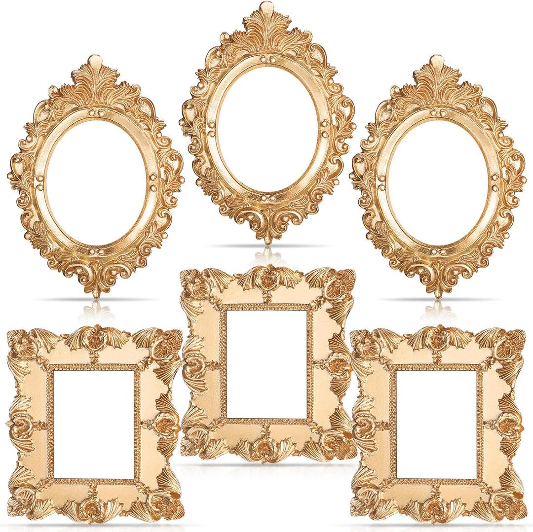 Leinuosen 6 Pcs Mini Gold Frames Tiny Vintage Resin Picture Holder Small Antique Gold Tiny Oval Rectangle Baroque Frames DIY Wall Hanging Picture Holder for Home Decor Photo Props, Without Backing