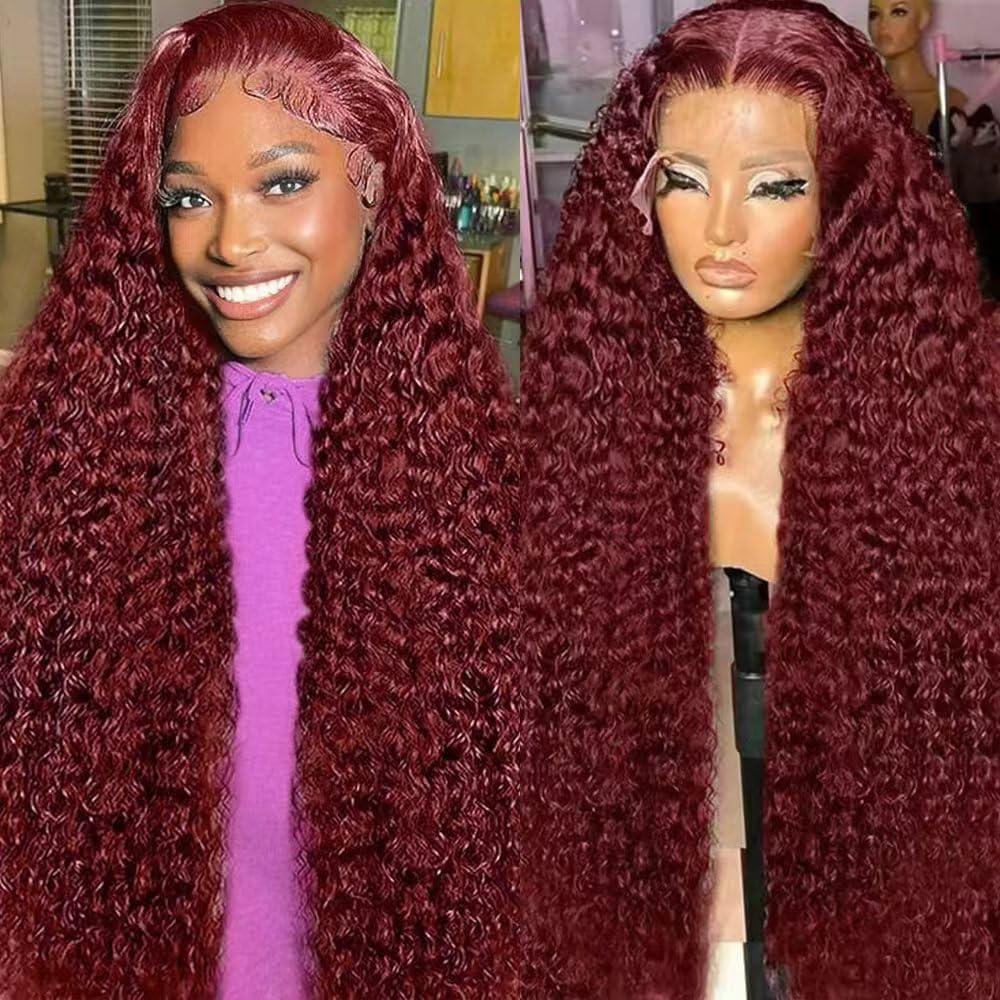 30 Inch 99j Burgundy Deep Wave Lace Front Wigs Human Hair 99j 13x6 HD Lace Front Wigs Human Hair 200 Density Glueless Deep Wave Wig Pre Plucked Red Colored Curly Wig for Women