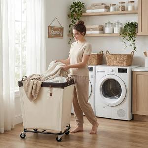 StorageWorks Basic Laundry Hamper with Wheels, 210L Large Rolling Laundry Basket, Heavy Duty Dirty Clothes Hamper for Home and Laundry Room, Beige