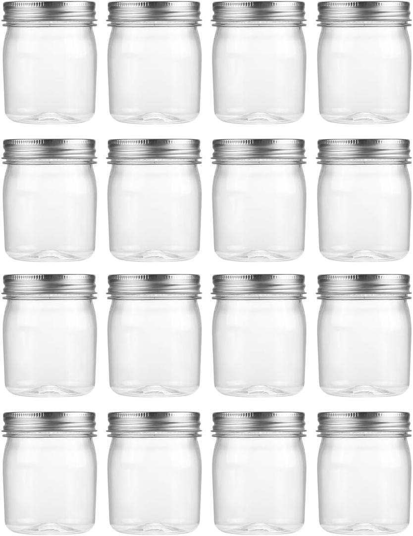 Novelinks 8 oz Clear Plastic Jars with Airtight Lids, 16 Pack Plastic Mason Jars with Lids 8oz, Refillable Storage Slime Containers & Small Spice Jar for Kitchen Organization (16 Pack,Silver)