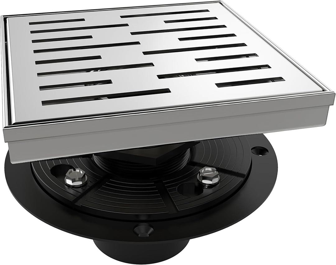 WEBANG 6 Inch Square Shower Drain Brushed Floor Drain with Flange Rainline Pattern Cover Grate Removable SUS304 Stainless Steel Watermark&CUPC Certified Brushed