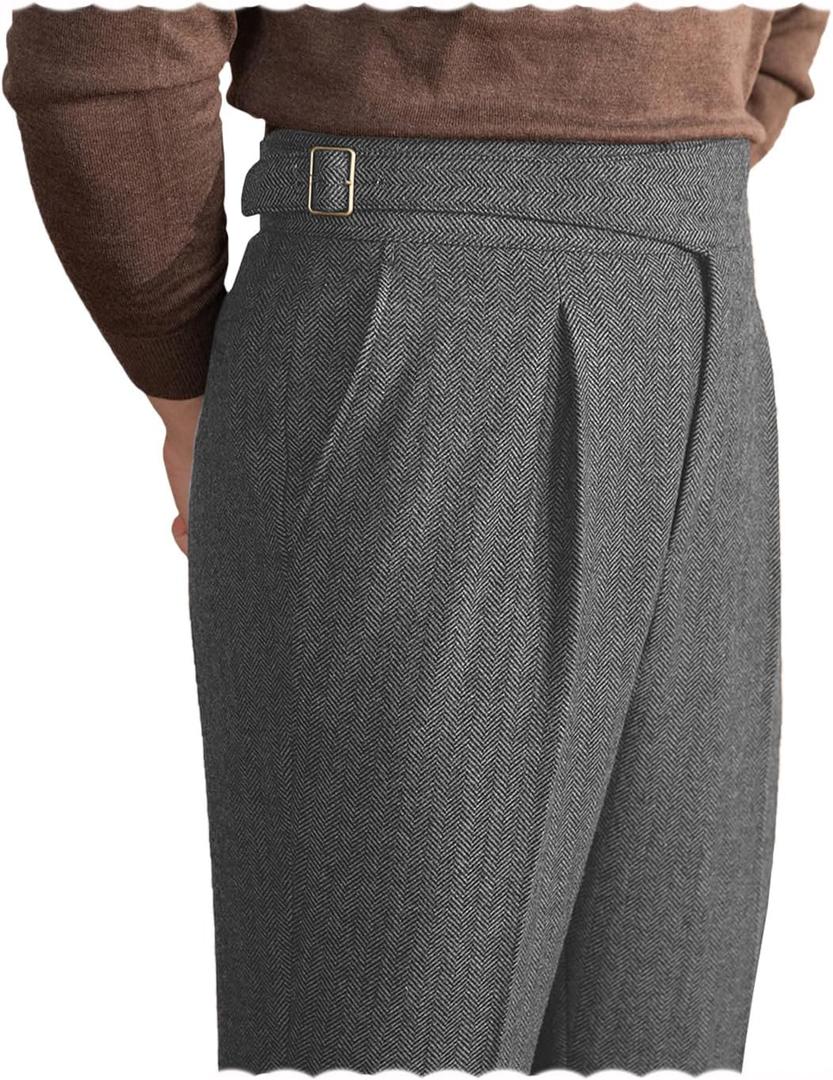 Men Trousers Vintage Tweed Blend Pants Herringbone Slim Fit Pleat-Front Pant (40W x 34L, Grey)