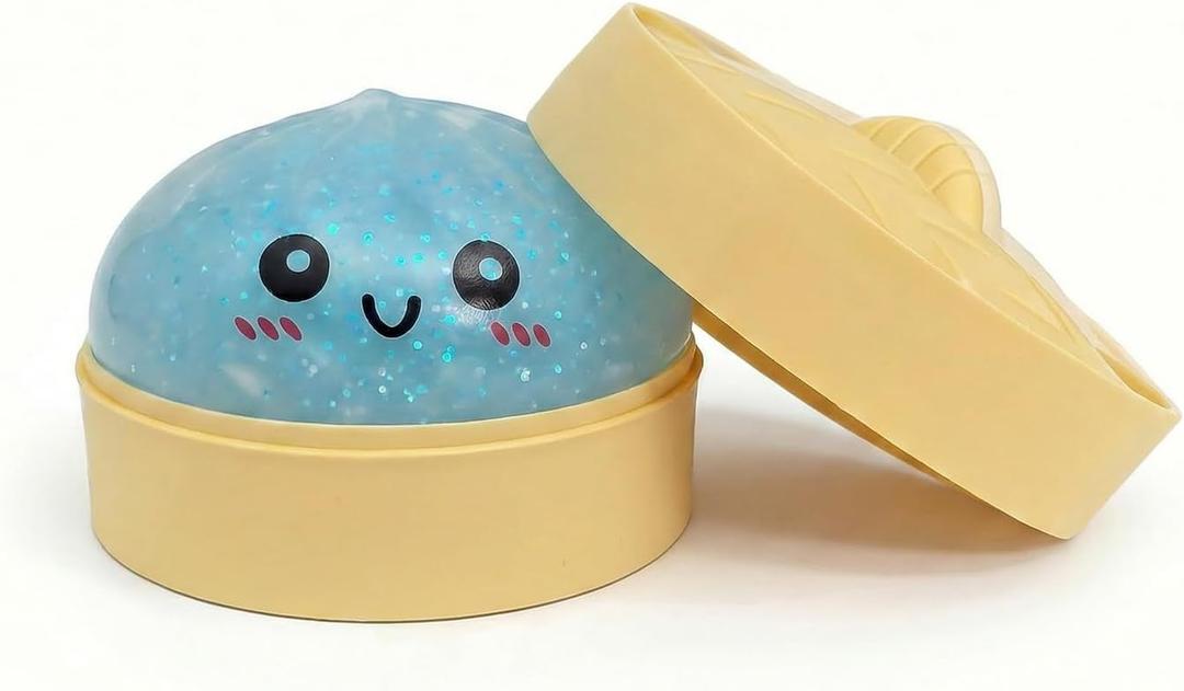 Glitter Dumpling Squishies Stress Balls,Colorful Squeeze Dough Ball Fidget Sensory Toys,Stretchy Hand Desk Toy with Food Steamer for Stress Relief Gift,Blue