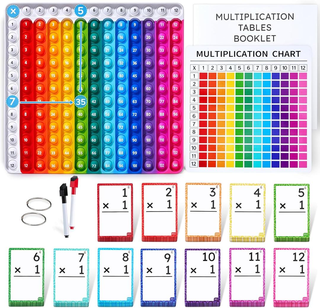 JoyCat Multiplication Flash Cards + Chart- 156 Hole Punched Math Game Flashcards for Kids Ages 8 and Up, Times Table Manipulatives for Preschoolers 3rd,4th,5th,6th Grade