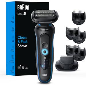 Braun Electric Shaver for Men, Series 5 5120s, Wet & Dry Shave, Turbo Shaving Mode, Foil Shaver, Engineered in Germany, with Beard Trimmer & Attachments, Blue