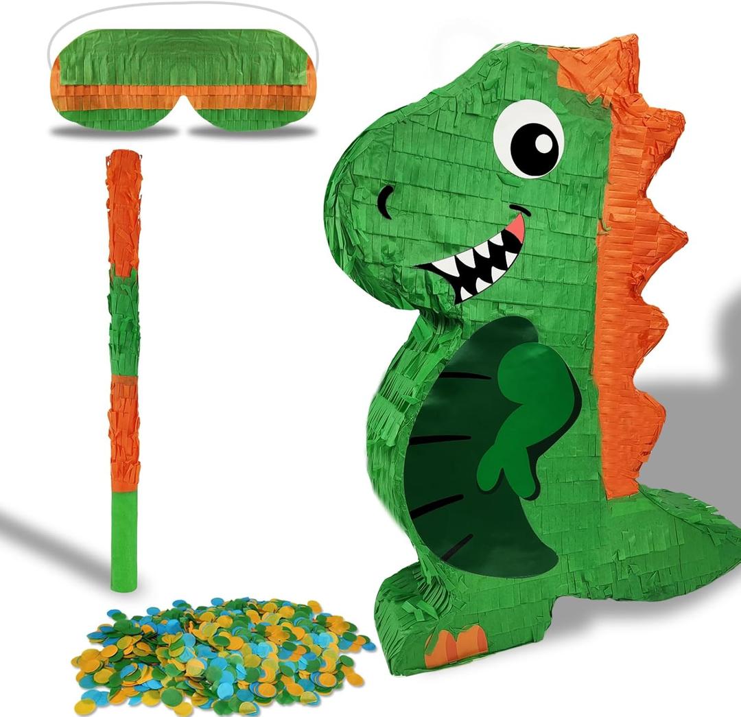 Dinosaur Pinata for Boys Birthday Party with Bat Paper Blindfold and Confetti (16.5 x 12.2 x 3 Inches)