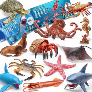 12 Pack Ocean Animal Toys with Educational Booklet for Kids, Realistic Soft Plastic Creatures Model Figures for Toddler Boys Girls, Under the Sea Party Favor, Birthday Gifts Water Table Toy