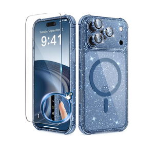 BERFY for iPhone 17 Pro Max Case for Women, Compatible with MagSafe, Clear Glitter Shockproof Protective Case, Anti-Yellowing, with Screen Protector & 3 Diamond Camera Lens Covers 6.9", Sparkle Blue