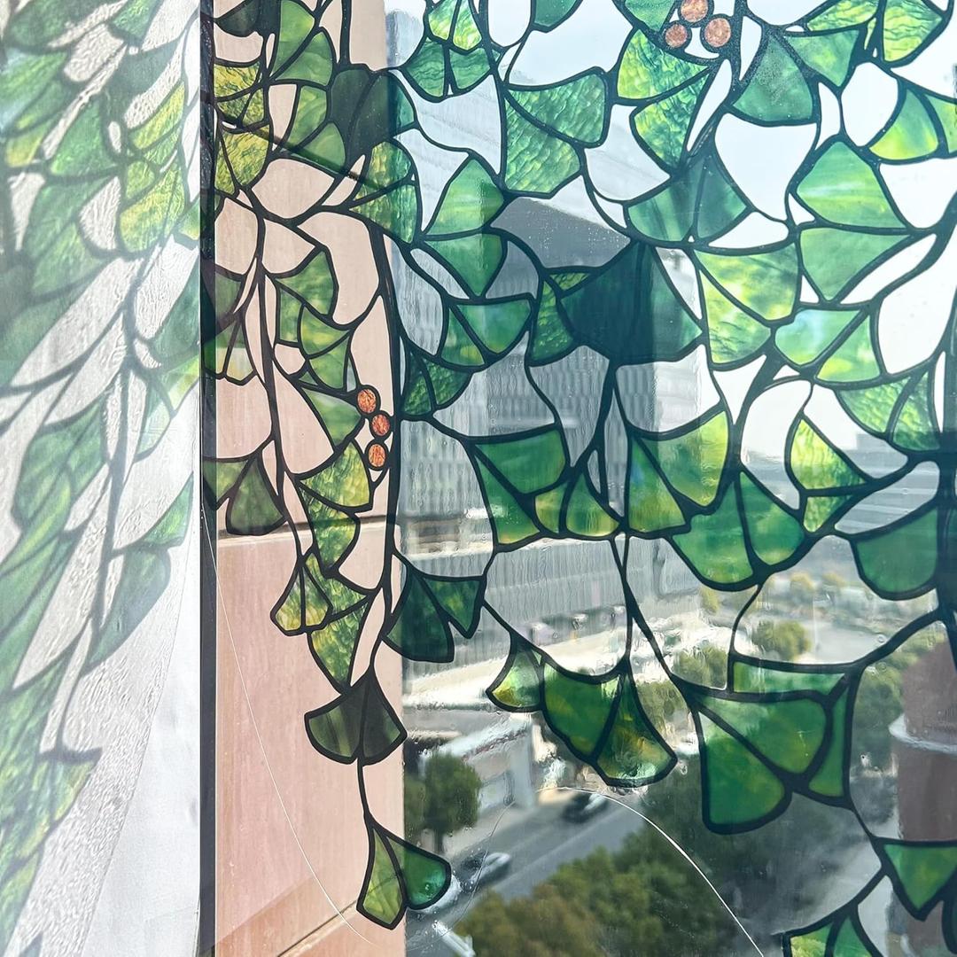 Original Hand Drawn Window Privacy Film, Double Sided Static Cling for Glass Window Green Ginkgo Cascade 22.83×51.18"