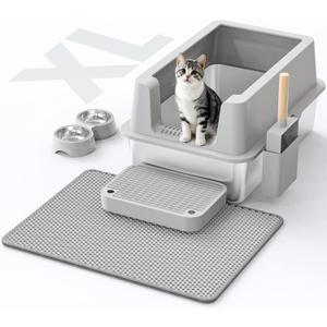 Stainless Steel Cat Litter Box - Enclosed XL Metal Kitty Litter Box with Lid for Big Cats, High Sided, Anti-Leakage, Easy Cleaning, Non-Sticky, Included Litter Mat, Cat Bowl & Spoon (Grey)