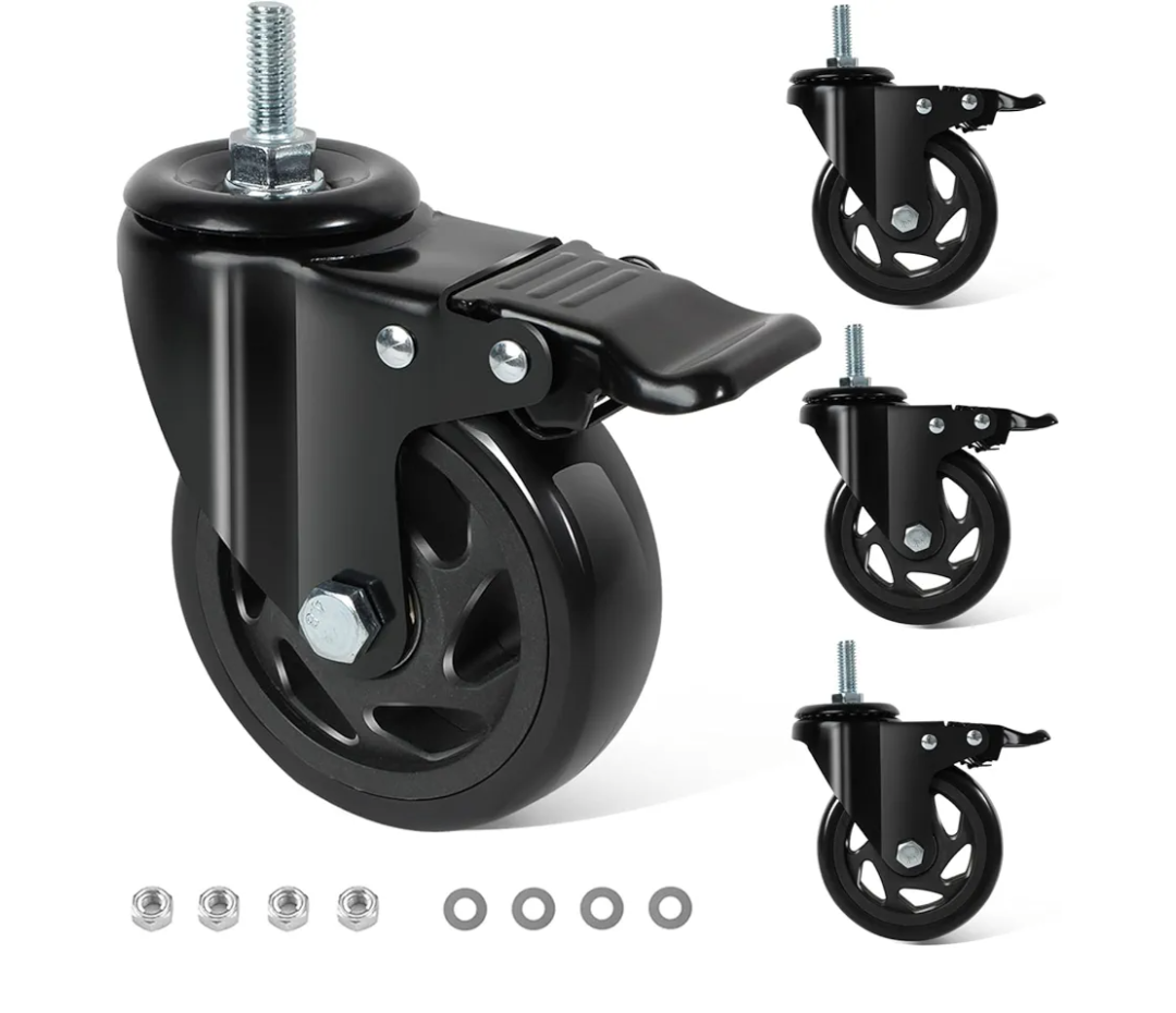 Caster Wheels 4 Inch, Swivel Threaded Stem Casters Set of 4 Heavy Duty 2000lbs, UNC 3/8"-16 x 1 (Stem Diameter 3/8", Stem Length 1") Locking Casters for Workbench, Cart, Furniture