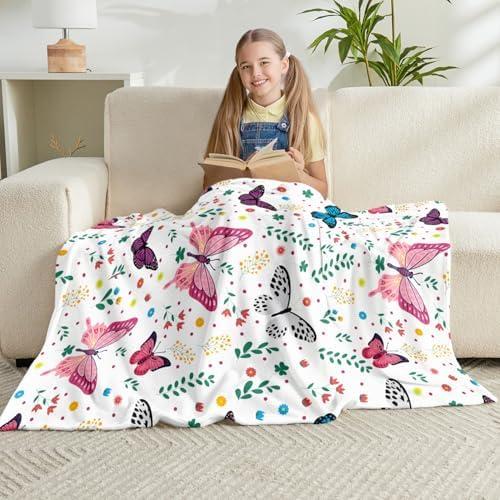 Jameswish Butterfly Kids Throw Blanket for Girls Teens Toddler White Soft Fuzzy Flannel Bed Blanket Plush Butterfly Birthday Gifts for Women Girls Kids Teens Adults, 60”x80”